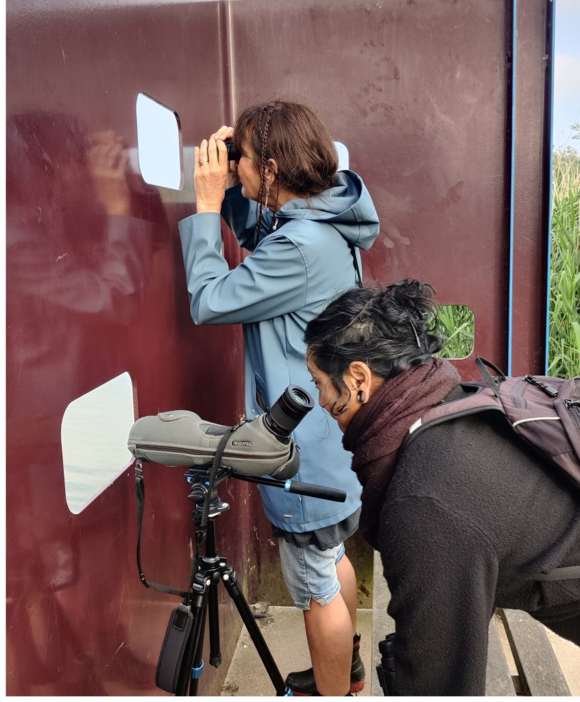 Two woman are birdwatching through a opening of a hide